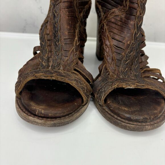 Freebird Booties Heel Bela braided laser cut brown leather Sz 8 Boho Westen - Picture 3 of 16